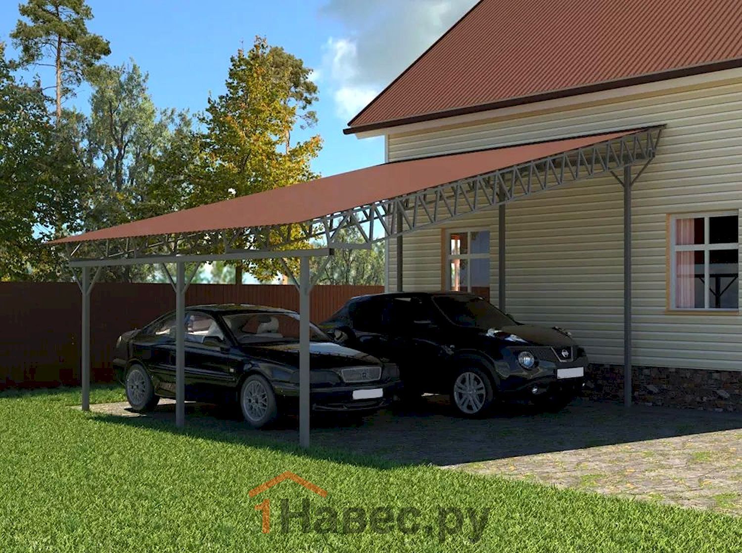 Односкатный пристенный автомобильный навес из профнастила на 2 места