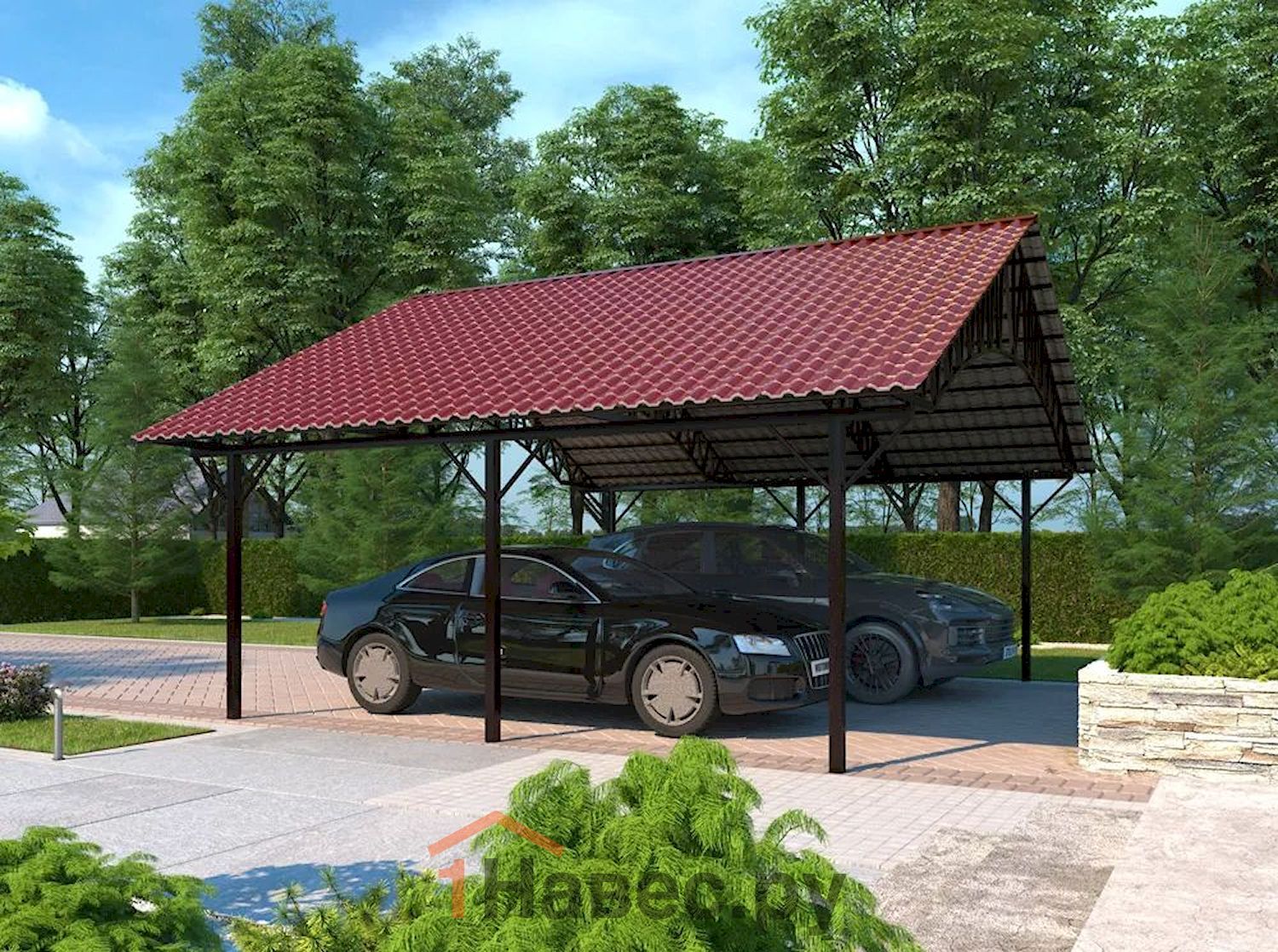 Двускатный навес из металлочерепицы для автомобиля